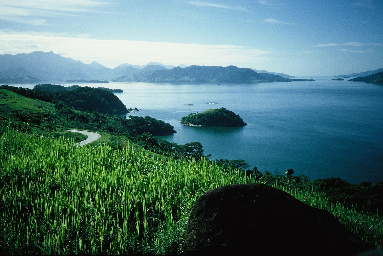 The forested ridgeline of Ilha Grande rising straight out of the bay — almost the whole island is protected reserve.